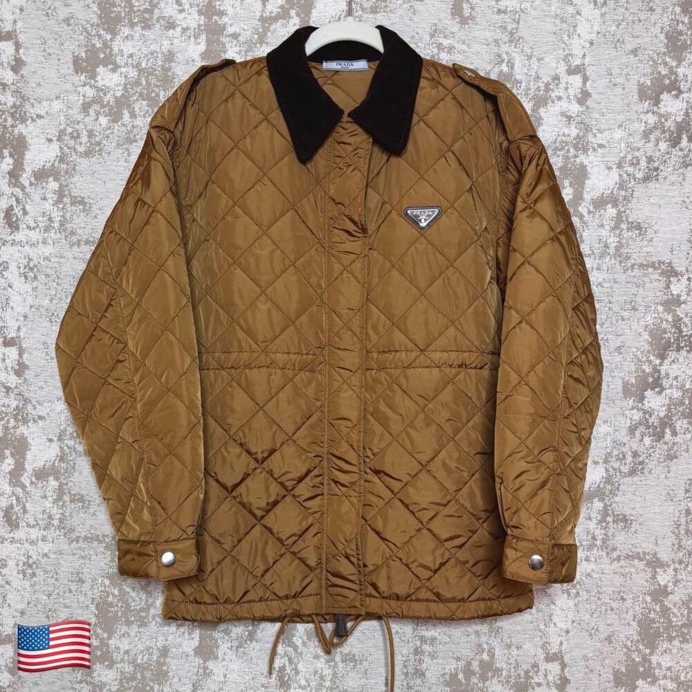 Prada Lightweight Re-Nylon Quilted Blouson Corduroy Collar Jacket in Cork Beige